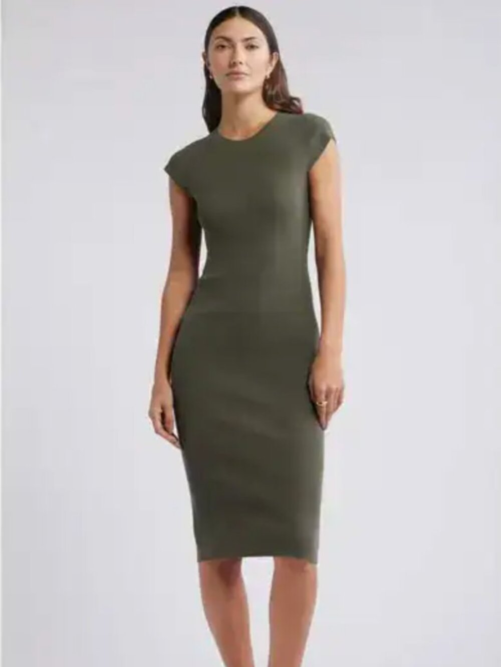 Open Edit Luxe Rib Cap Sleeve Dress - Olive Green